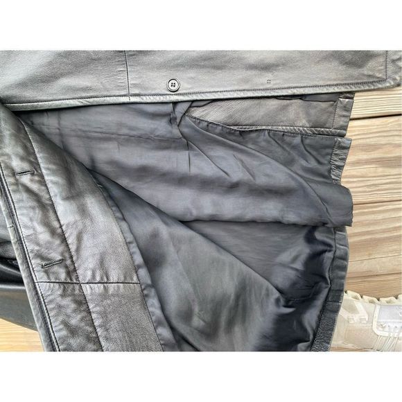 Carina New York Women’s Black Collared Button Long Leather Coat Size Medium - Picture 8 of 16